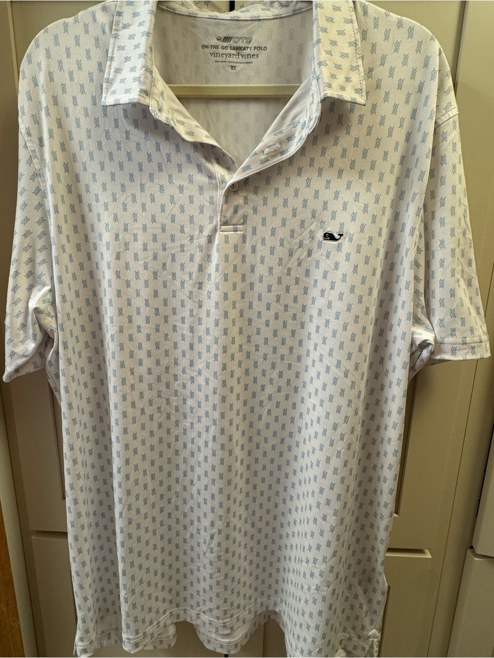 Vineyard Vines White Polo with Light Blue Whale Pattern
